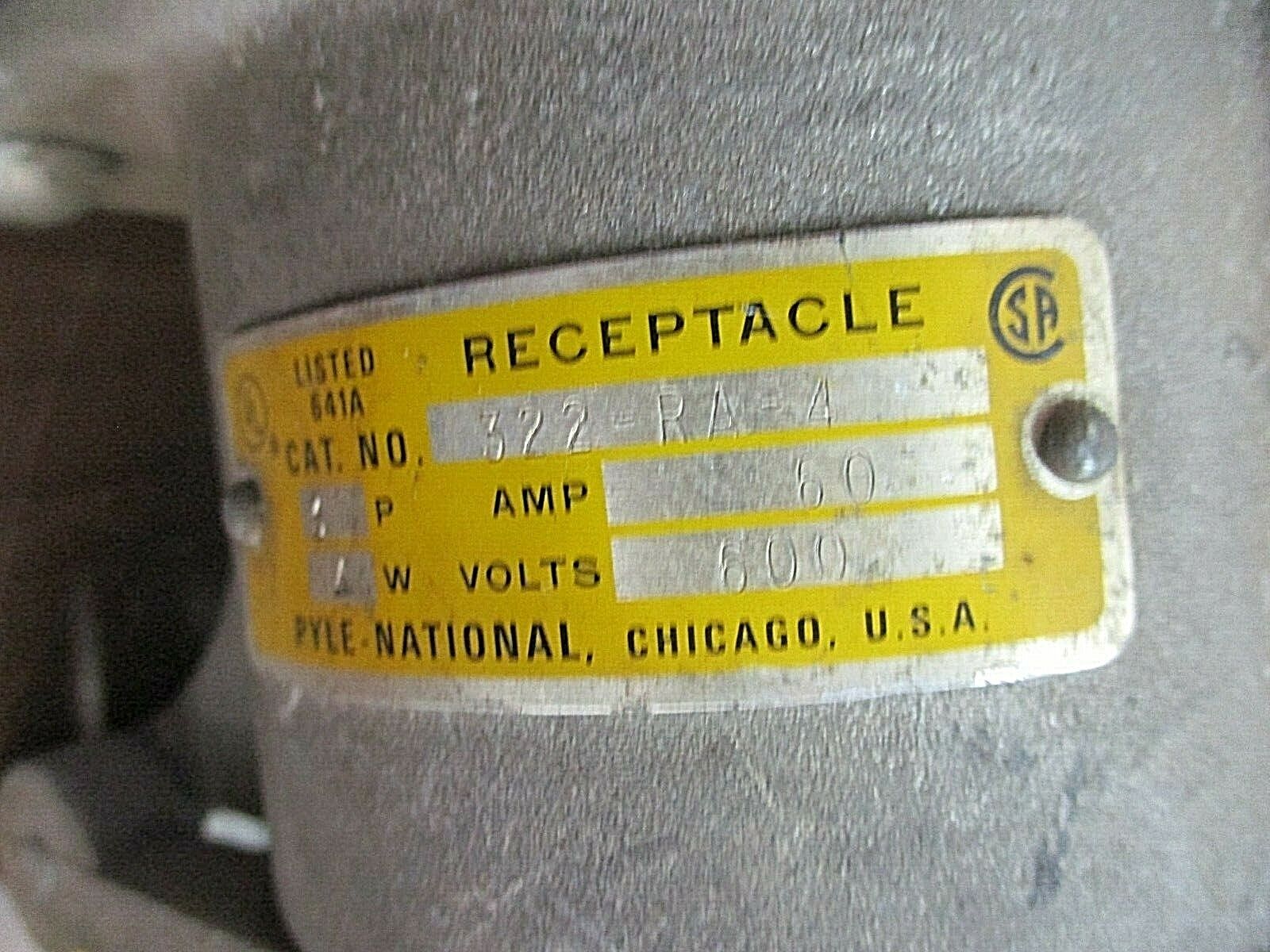 Pyle National Receptacle w/Base 322-RA-4 60A 600V 3P 4W Used