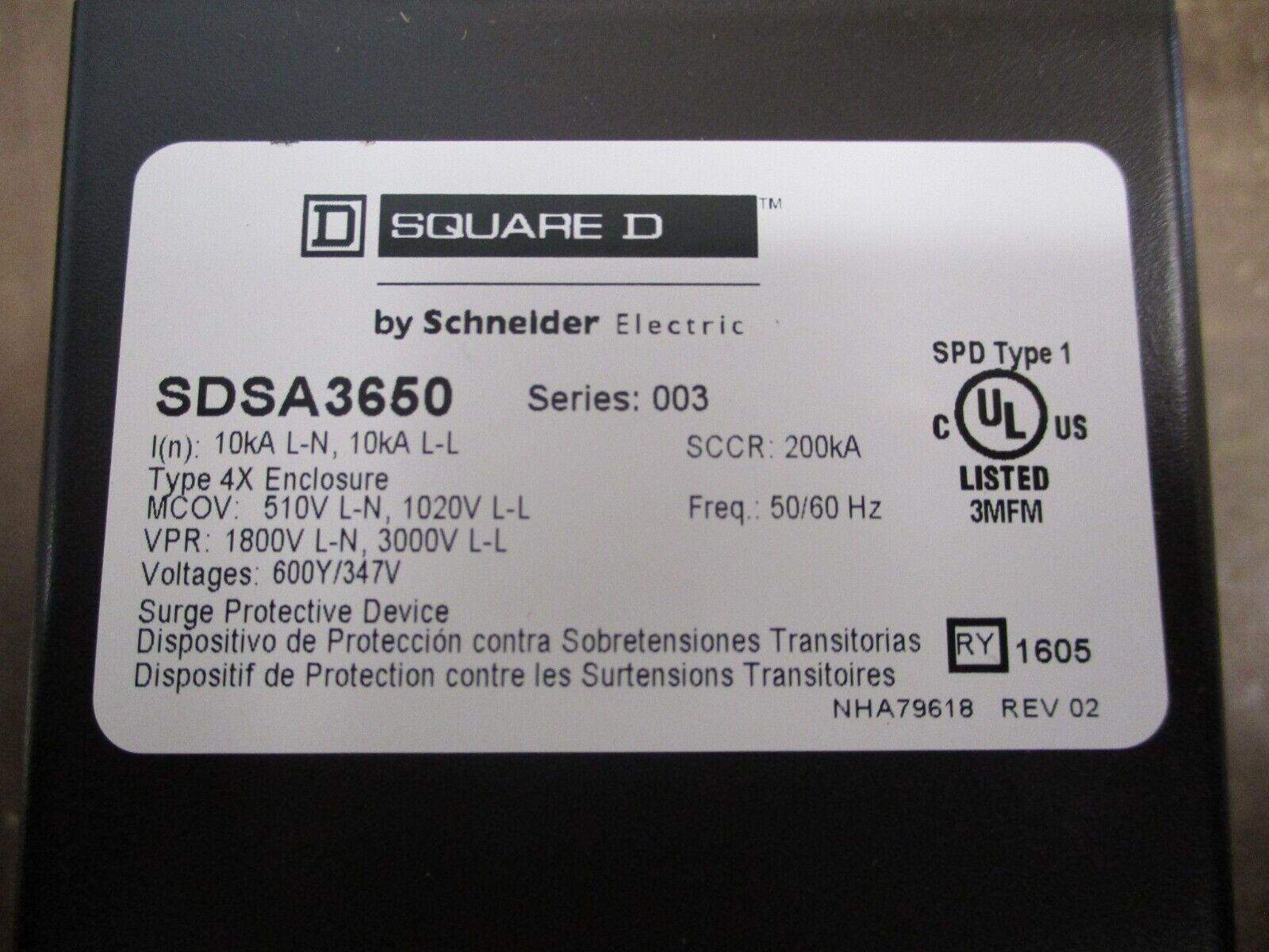 Square D Secondary Surge Arrester SDSA3650 Ser. 003 600Y/347V 50/60Hz Used