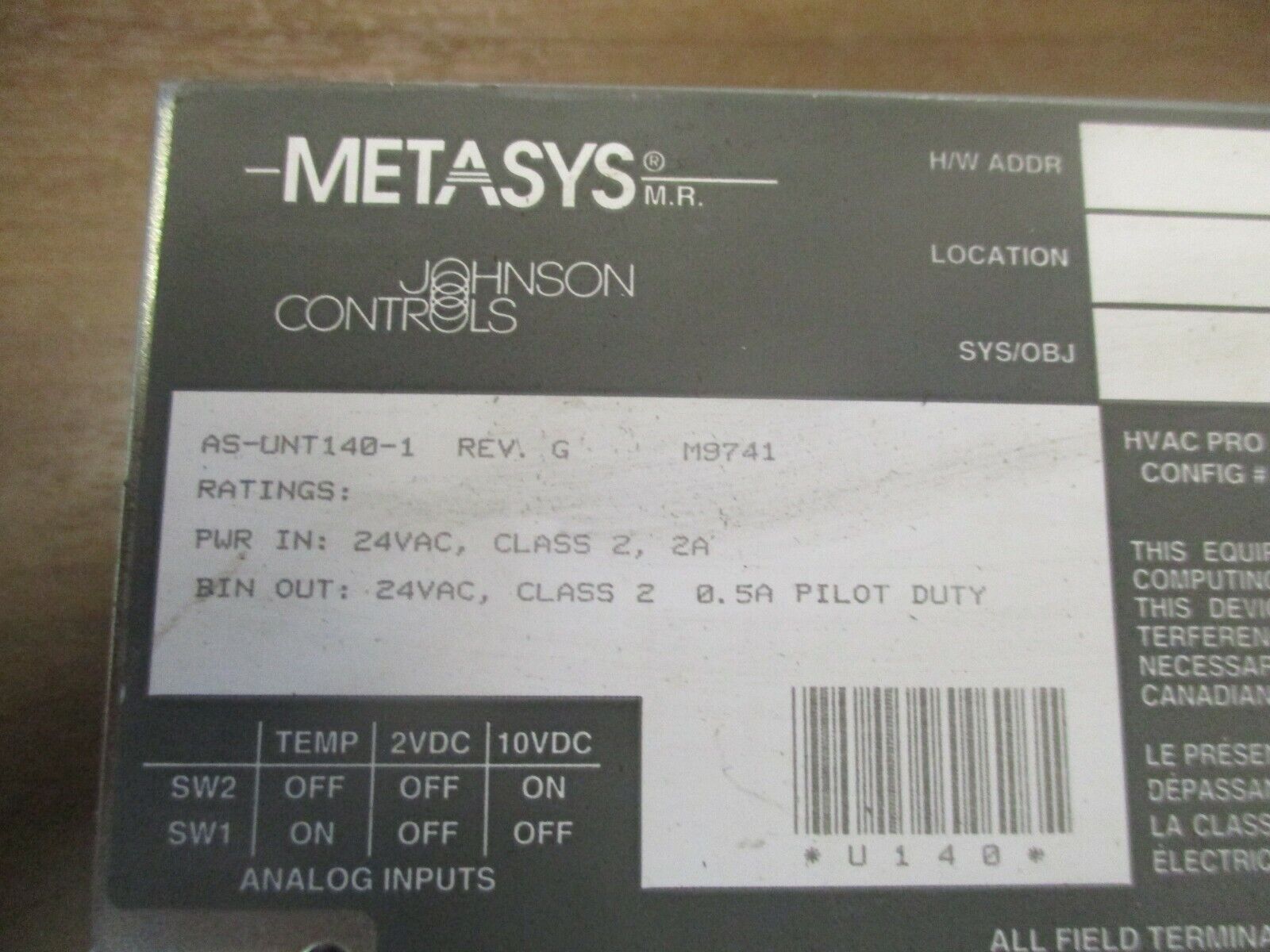 Johnson Controls Metasys Unitary Controller AS-UNT140-1 Rev. G 24VAC Used