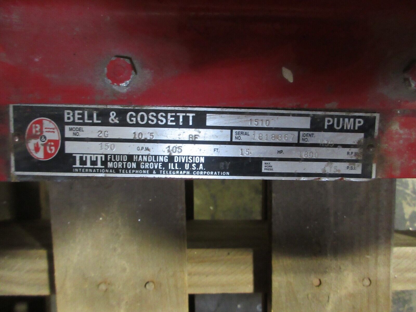 Bell & Gossett 1510 Pump 2G 10.5 BF 15HP 105FT Head 150GPM 1800RPM Used
