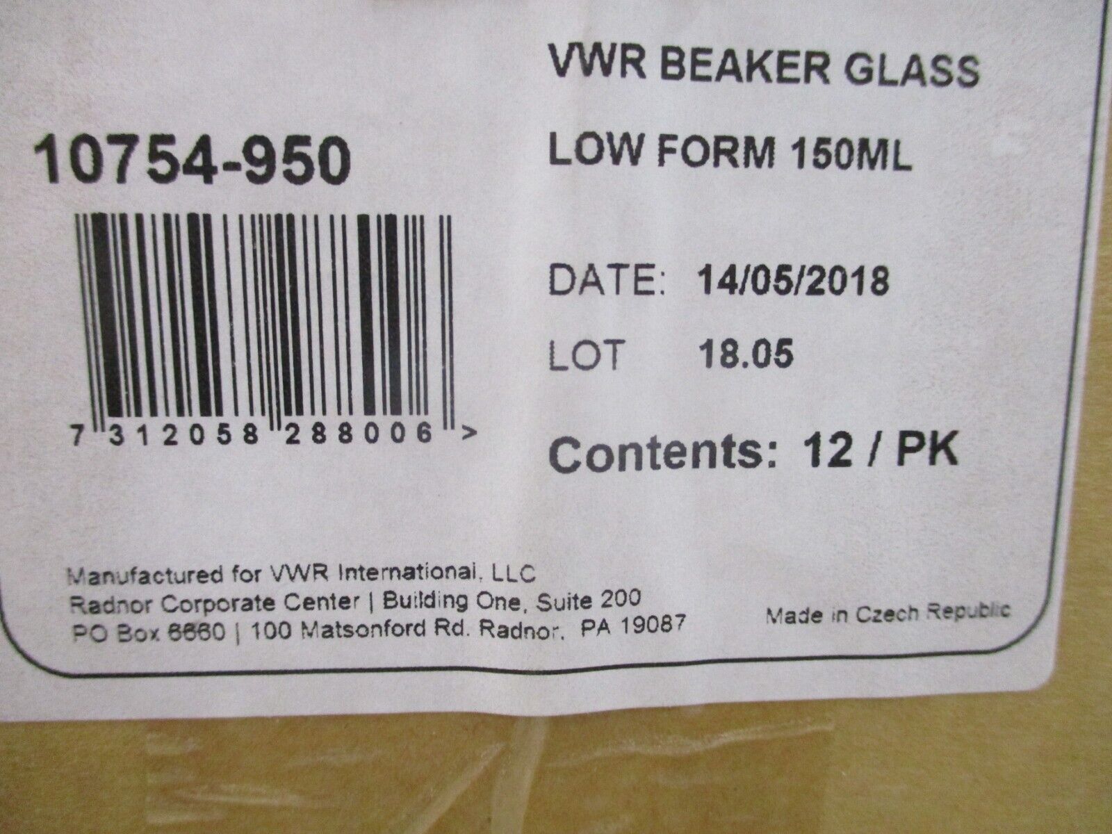VWR Glass Beaker 10754-950 150 mL Low Form *Box of 12* New Surplus