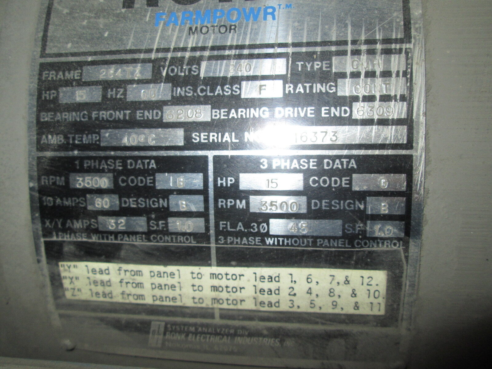 Ronk Farmpowr Motor FR: 254TZ 15HP 3500RPM 240V Used