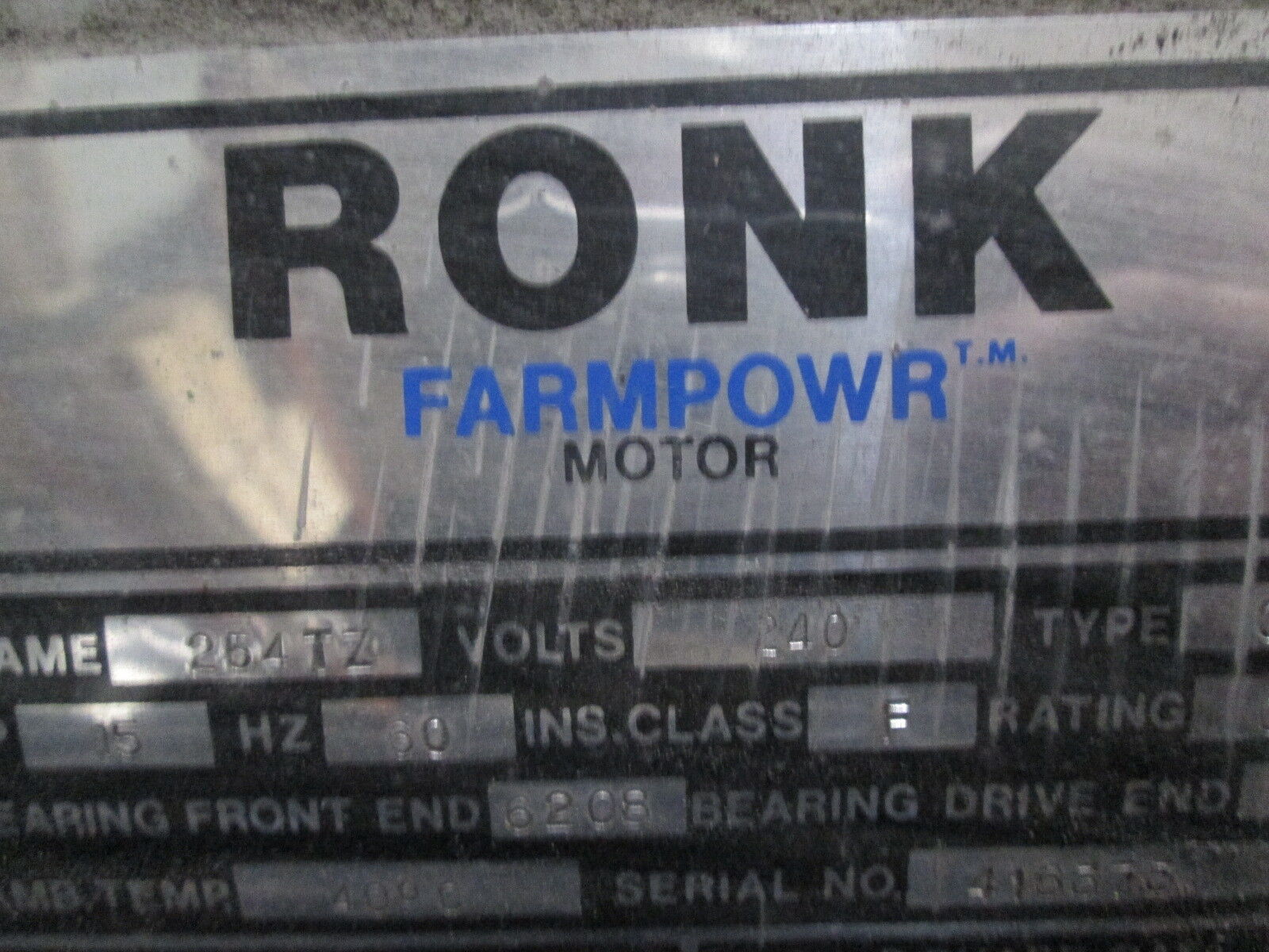 Ronk Farmpowr Motor FR: 254TZ 15HP 3500RPM 240V Used