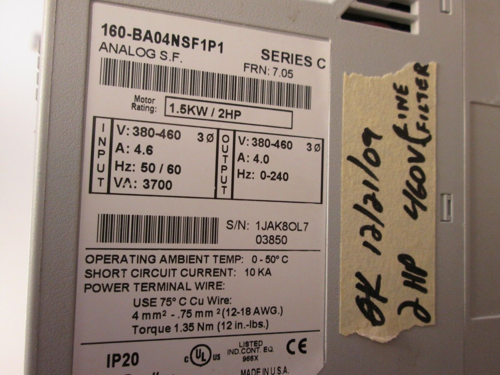 Allen-Bradley Speed Controller w/ Line Filter 160-BA04NSF1P1 2HP Used
