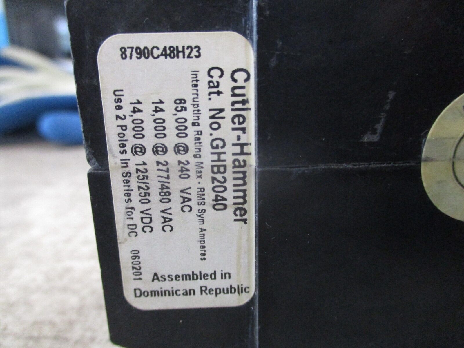 Cutler-Hammer Bolt-on Circuit Breaker GHB2040 40A 277/480V 2P Used