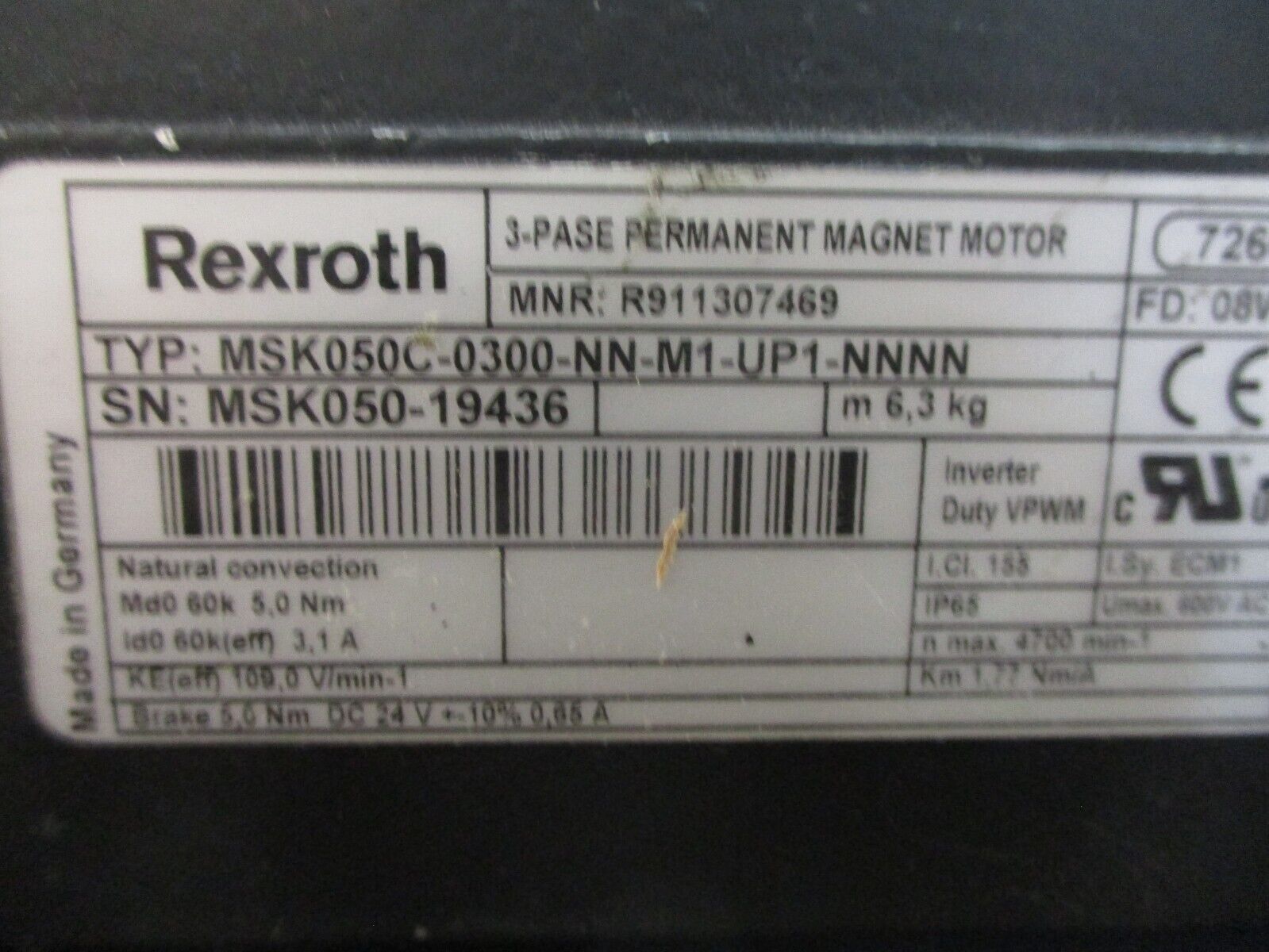 Rexroth Servo Motor MSK050C-0300-NN-M1-UP1-NNNN 3.1A 600V 1.77 Nm/A Used
