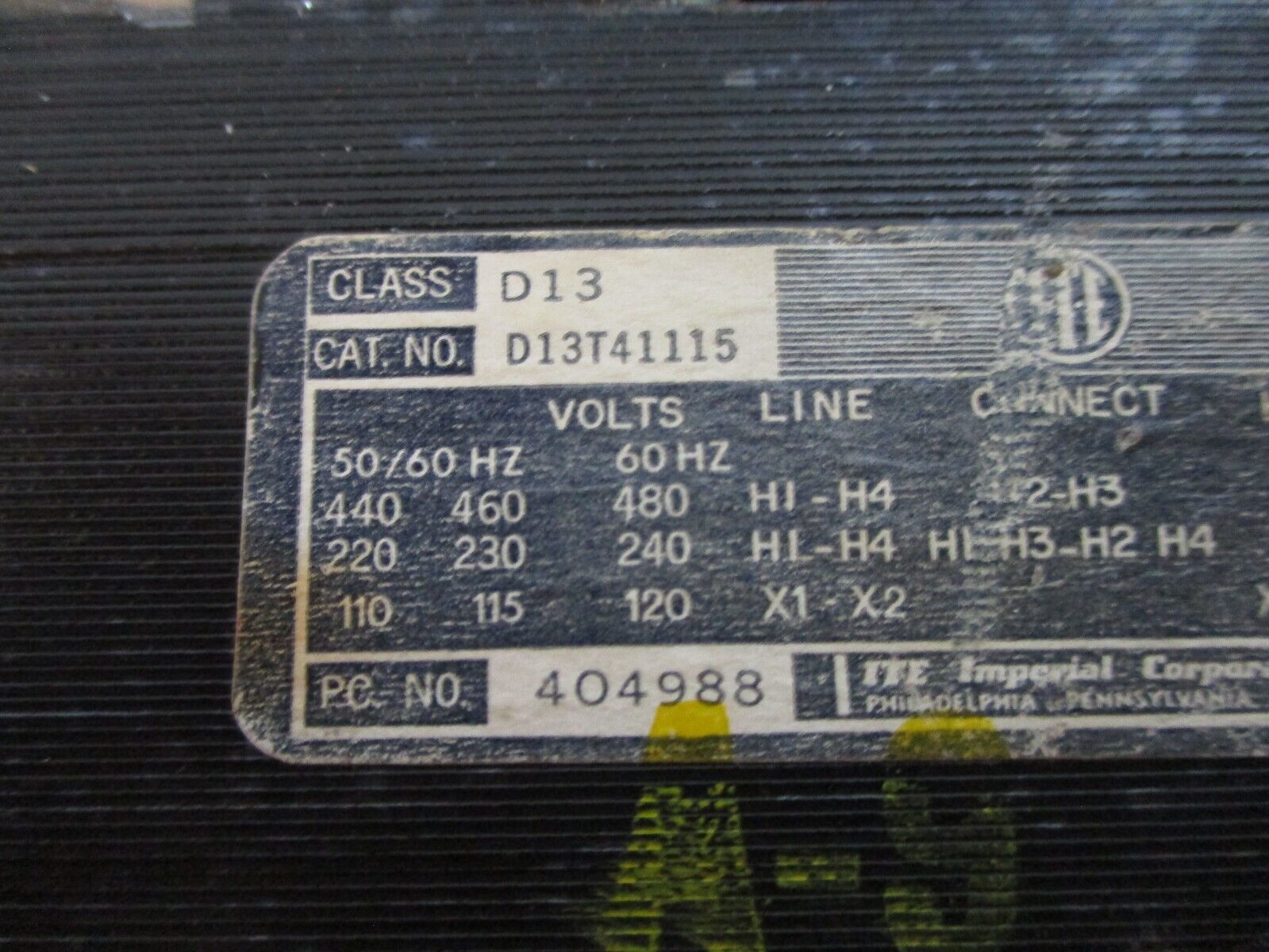 ITE Transformer D13T41115 0.150kVA Pri: 240/480V Sec: 120V Used