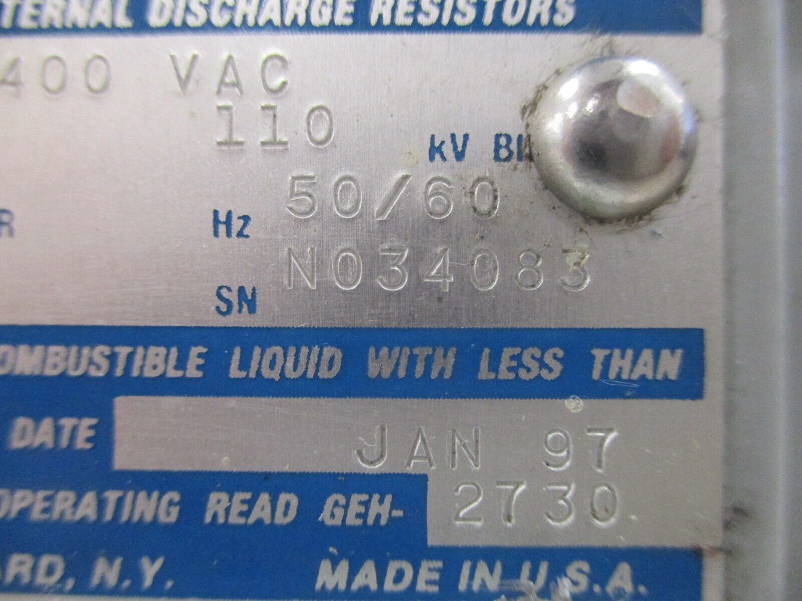 GE Capacitor 18L15UJ 1.5VF 4160/2400 VAC 50/60HZ 3P 110KV BIL Used