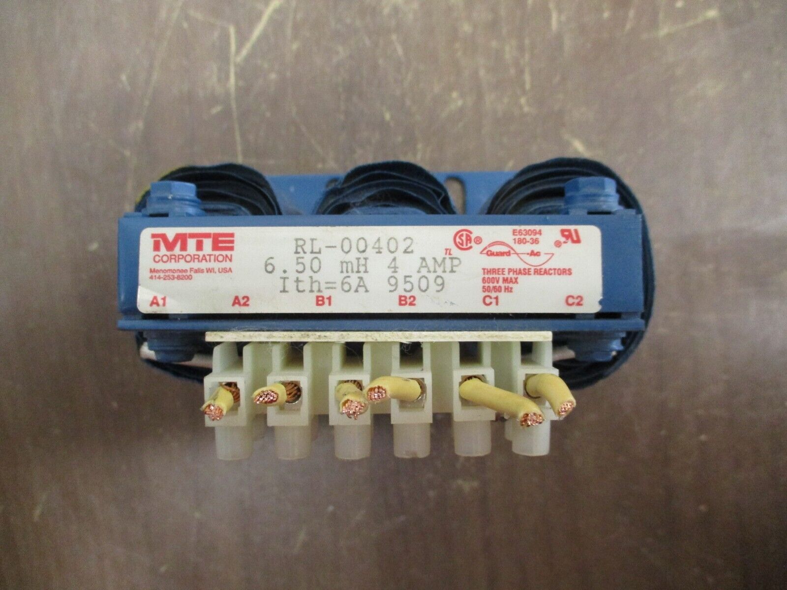 MTE 3Ph Reactor RL-00402 6.50mH 4A 600V 50/60Hz *Missing (1) Screw* Used