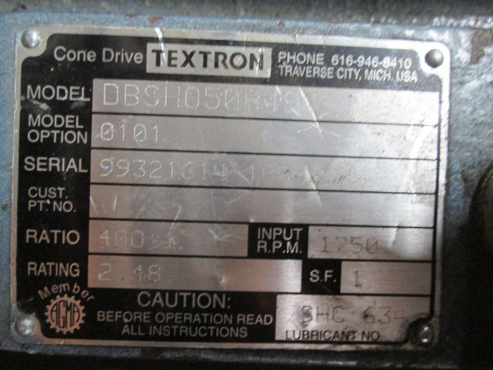 Textron Cone Drive w/ Accudrive Reducer DBSHO50B494-1 Ratio 400:1 1750RPM IN