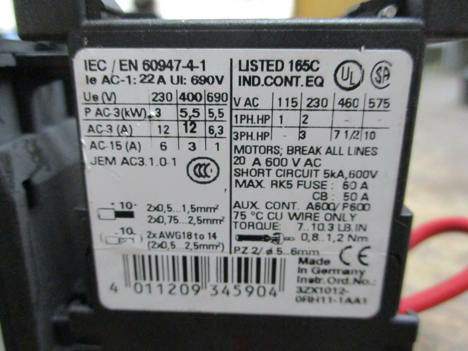 Siemens Sirius Starter 3RT1017-1AK61/3RU1116-1GB0 120V Coil 20A 600V Used