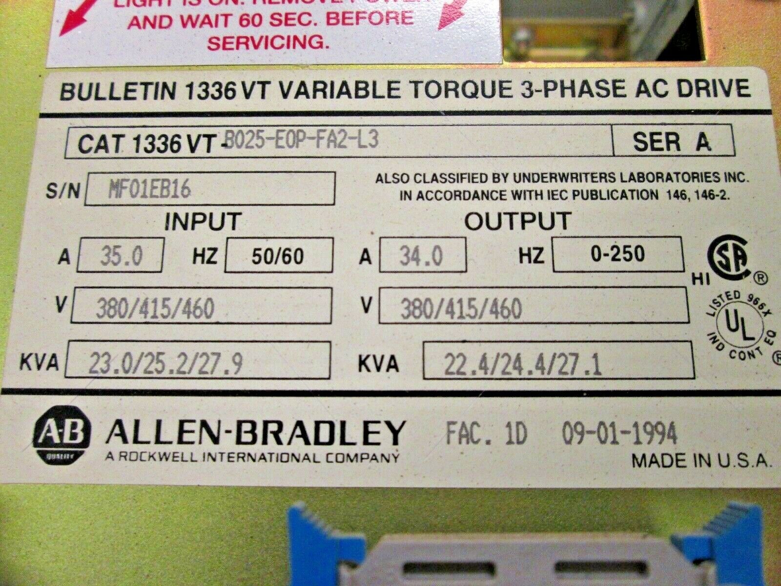 Allen-Bradley 1336VT AC Drive 1336VT-B025-EOP-FA2-L3 25HP *Missing Screw* Used