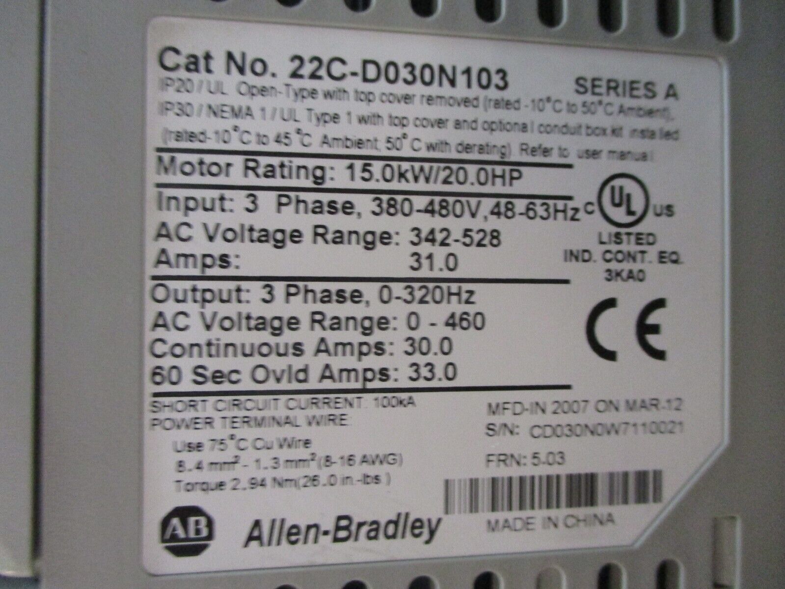 Allen-Bradley PowerFlex 400 AC Drive 22C-D030N103 20HP 3Ph Used