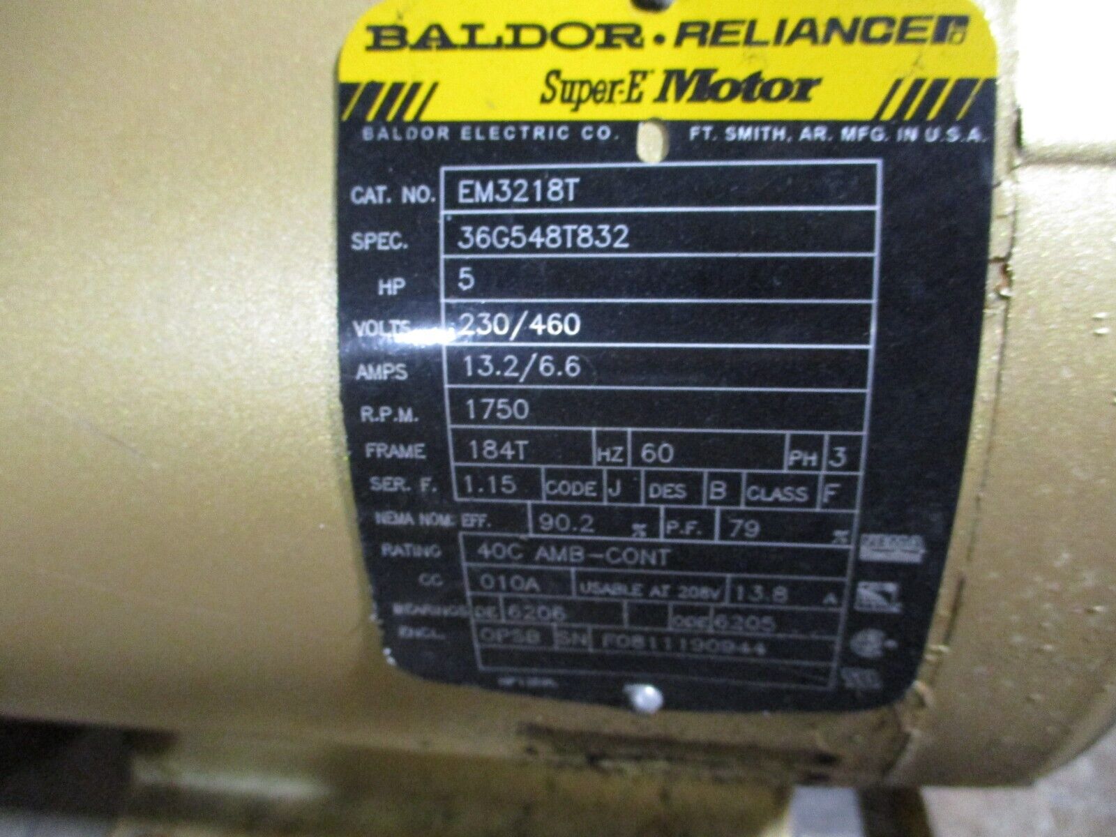 Baldor Motor EM3218T 5HP 1800RPM 230/460V 13.2/6.6A 60Hz 3Ph Used