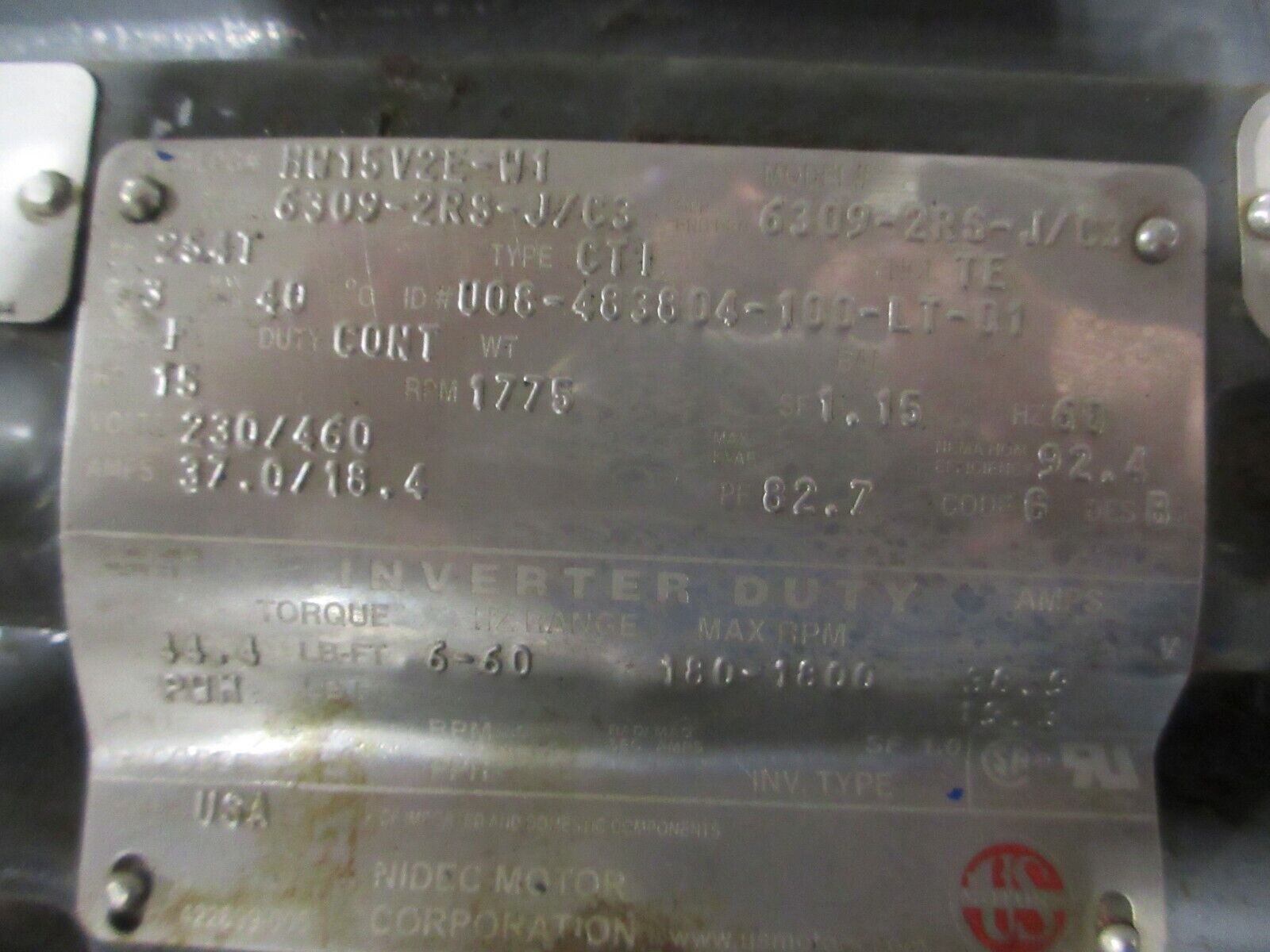 US Motors AC Motor HW15V2E-W1 15HP 1800RPM 230/460V 3Ph 254T Frame Used