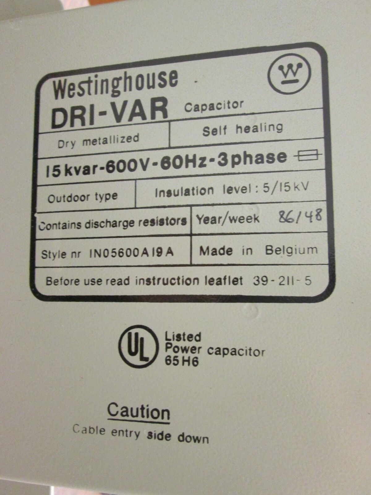 Westinghouse Dri-Var Capacitor 1N05600A19A 15kvar 600V 60Hz 3Ph Used