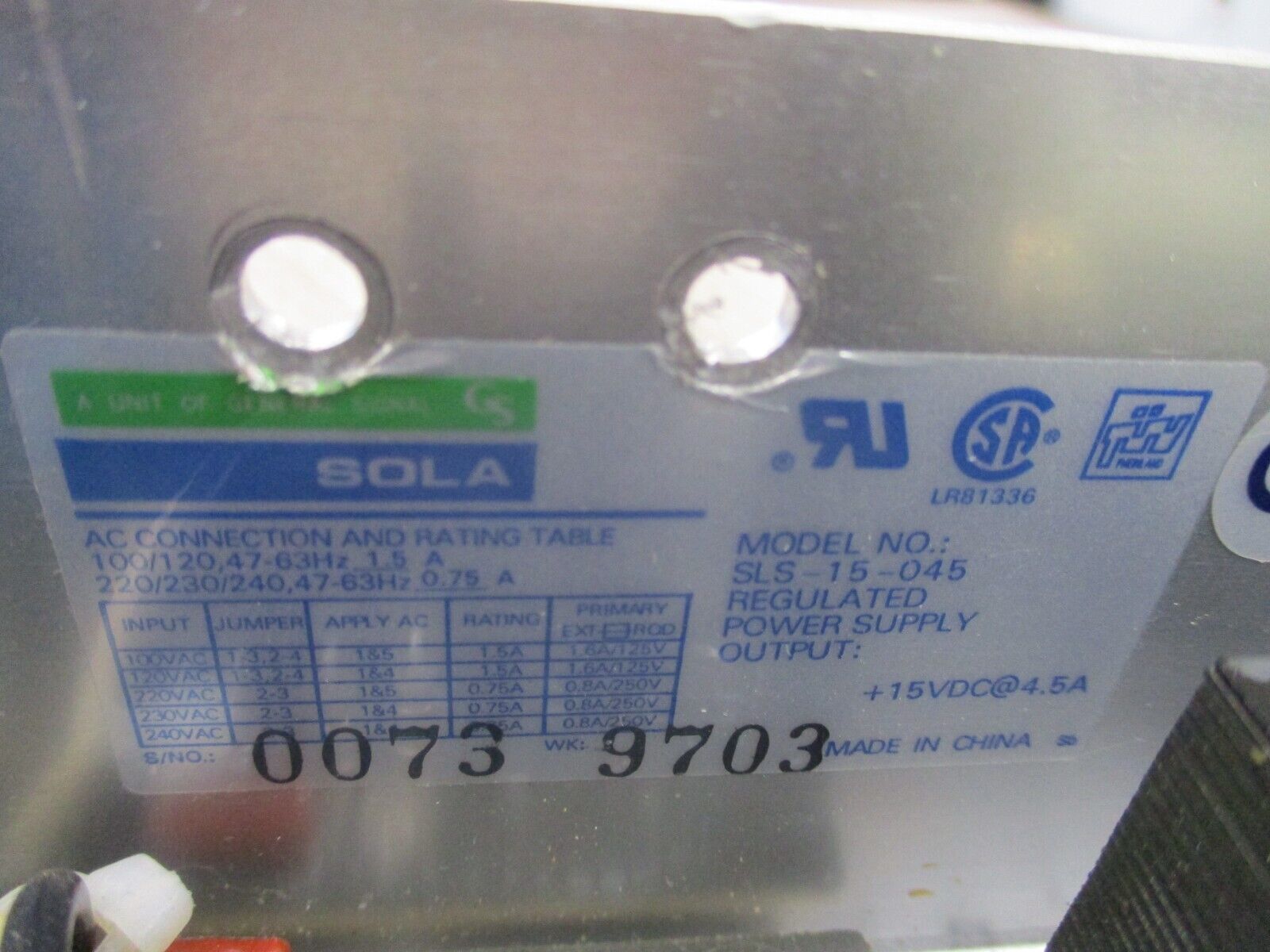 Sola Regulated Power Supply SLS-15-045 Used