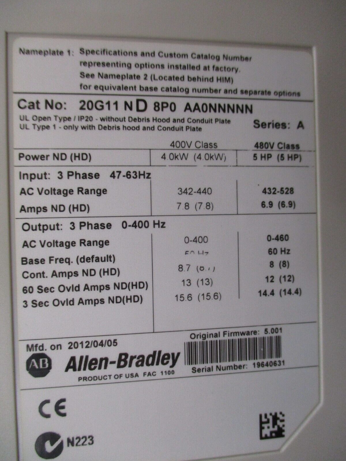Allen-Bradley PowerFlex 755 AC Drive 20G11ND8P0AA0NNNNN 5HP 3Ph w/ Keypad Used