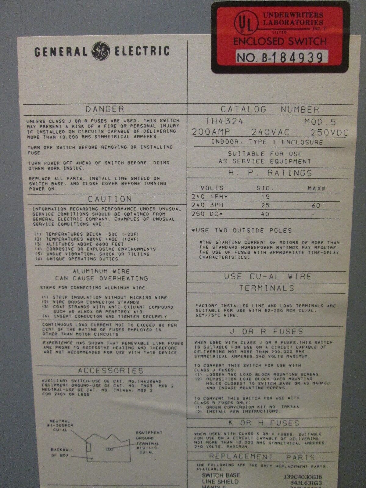 GE Fusible Safety Switch Disconnect TH4324 Mod 5 200A 240V Type 1 Enclosure Used