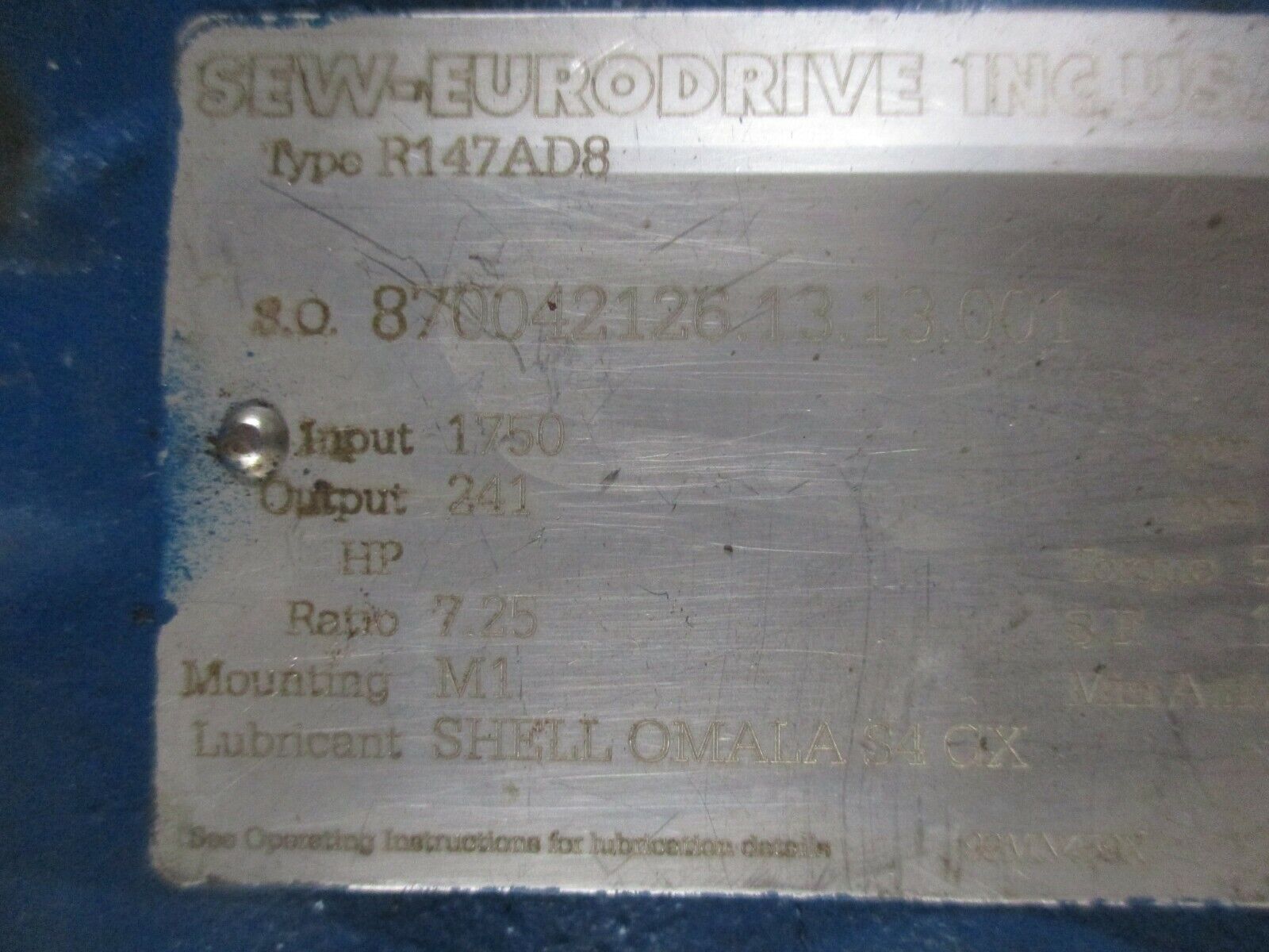 Sew-Eurodrive R Series Gear Reducer R147AD8 Ratio 7.25 241RPM Output Used