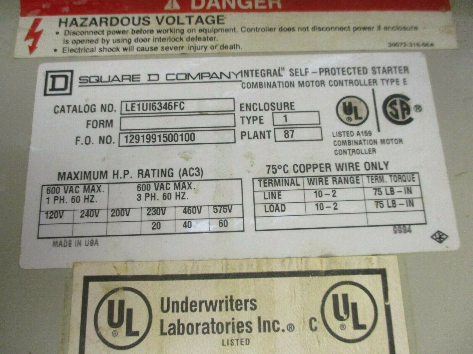Square D Enclosed Integral 63 Self-Protected Starter LE1UI6346FC 20-60HP 600V
