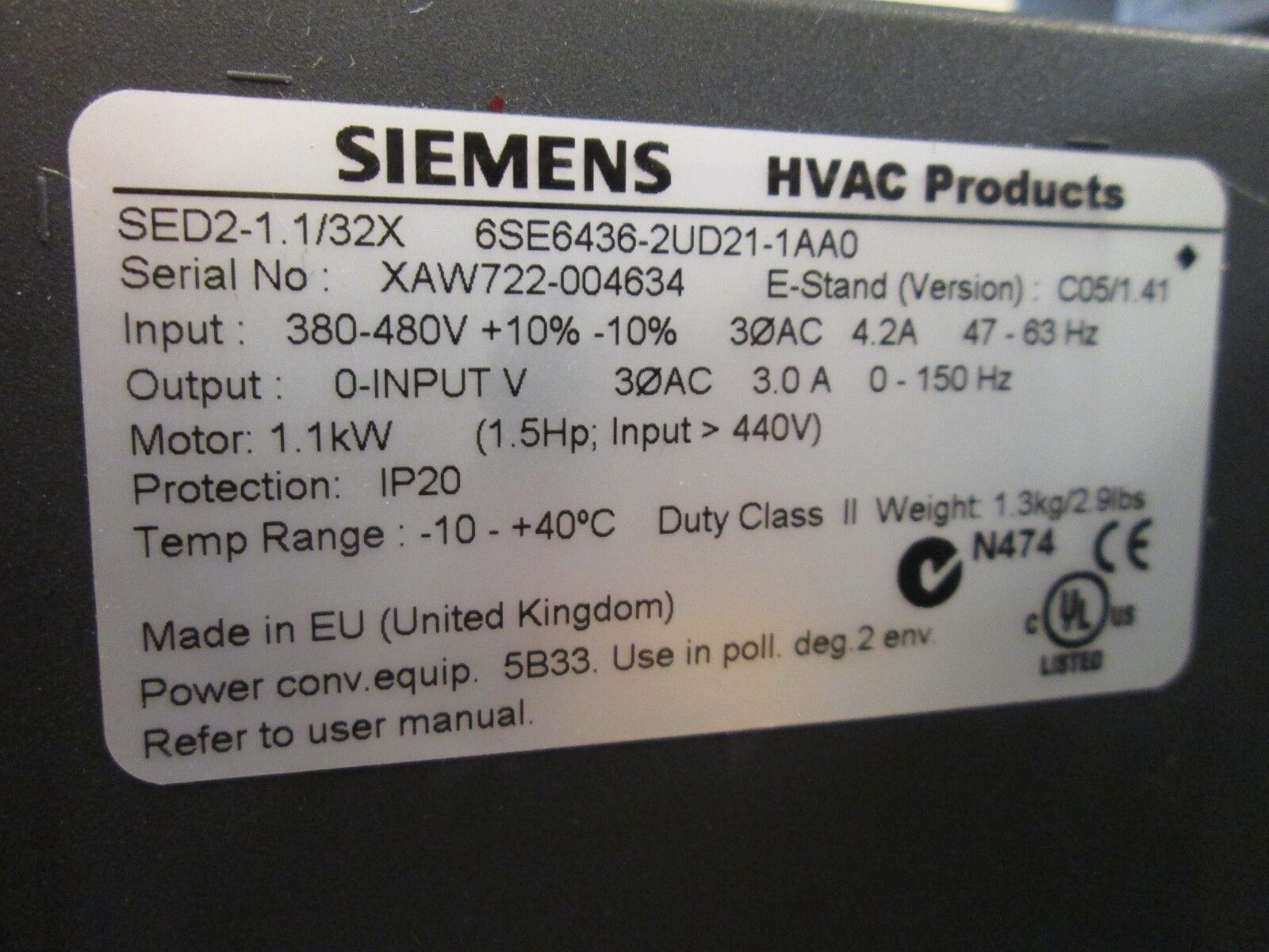 Siemens AC Drive w/ Bypass 6SE6436-2UD21-1AA0 1.5HP 3Ph Out: 0 - V In 3A Used