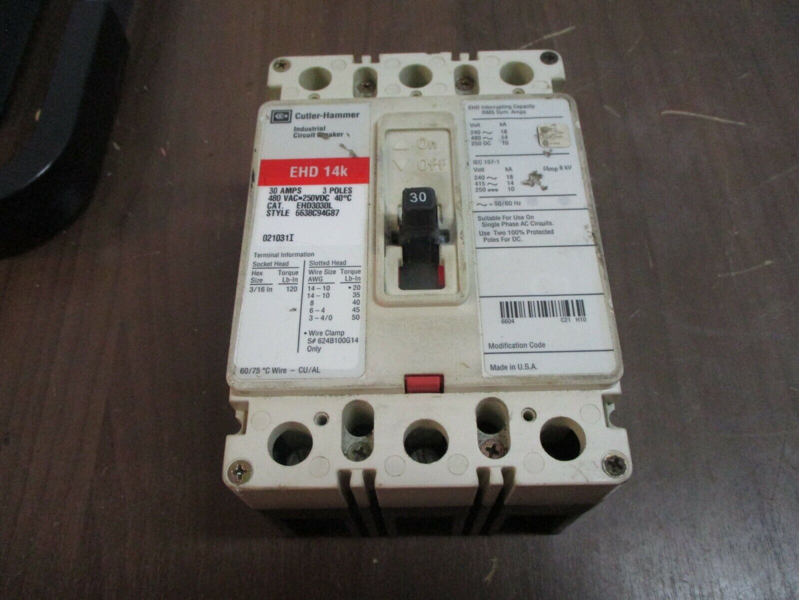 Cutler-Hammer EHD 14k Circuit Breaker EHD3030L 30A 480V 3P Used
