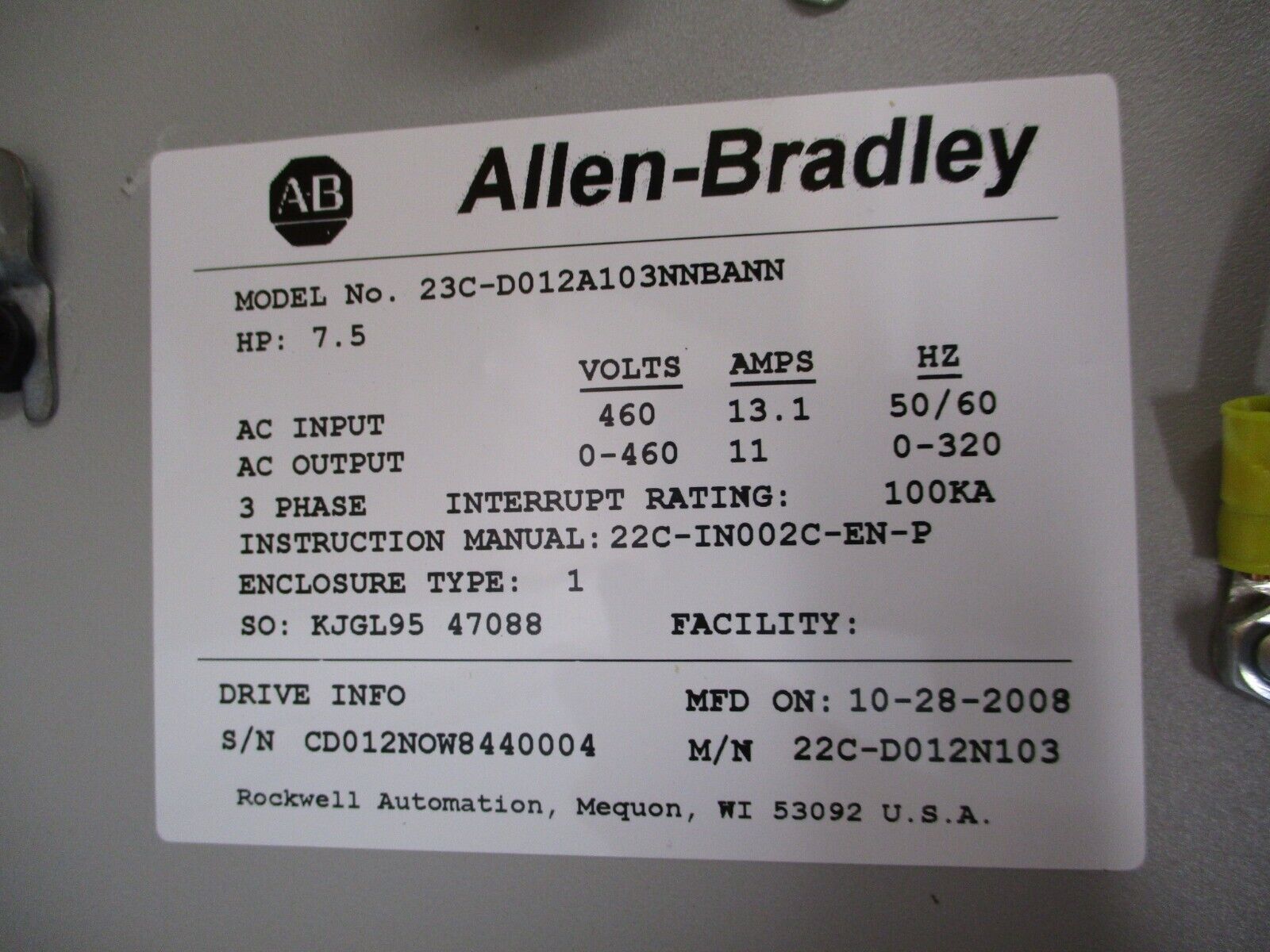Allen-Bradley PowerFlex 400 AC Drive w/ Bypass 23C-D012A103NNBANN 7.5HP 3Ph