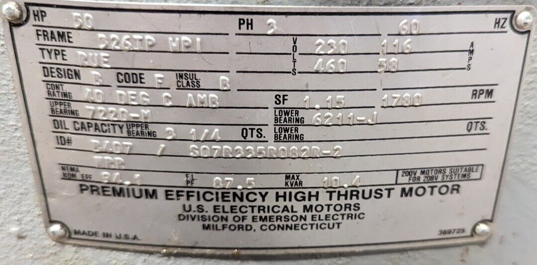 U.S. Vertical Mount Motor Frame: 326TP WPI 50HP 230/460V 116/58A 1800RPM 60HZ