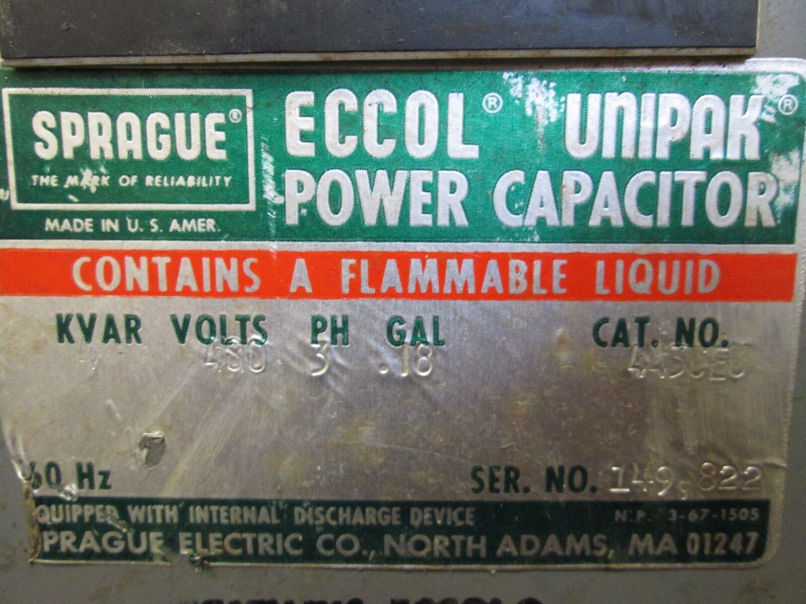 Sprague Eccol Unipak Power Capacitor 443CEU 4 KVAR 480V 60Hz 3Ph Used - No Cover