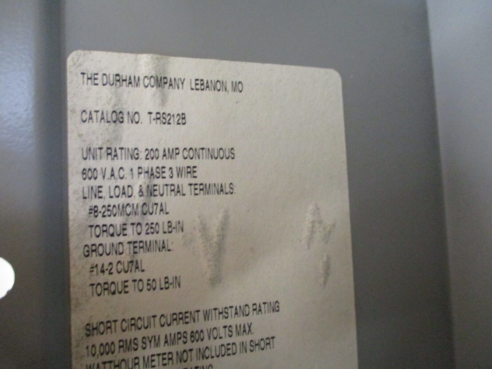 Durham 3R Meter Socket T-RS212B 200A 600V 1Ph 3W *No Cap* *No Box* New Surplus