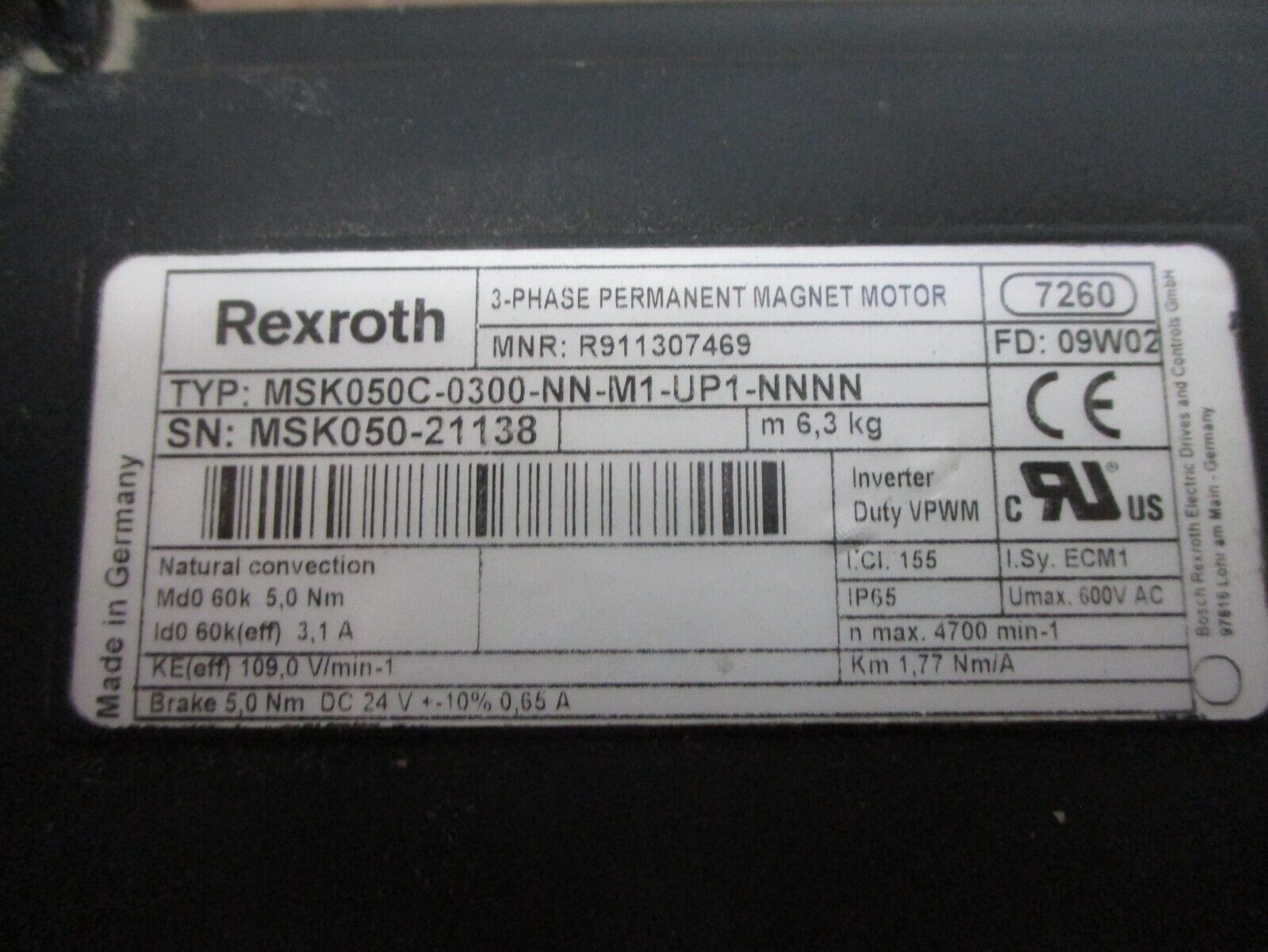 Rexroth Servo Motor MSK050C-0300-NN-M1-UP1-NNNN 5.5Nm Torque 4700RPM 600V Used