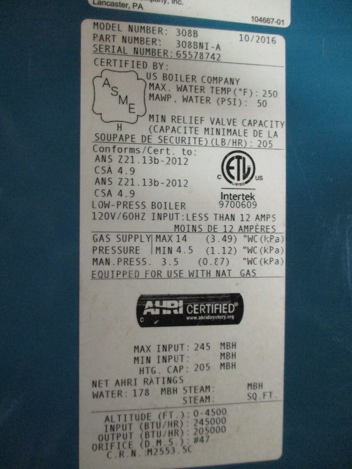 US Boiler Company Burnham Series 3 Boiler 308BNI-A Natural Gas Input: 245MBH