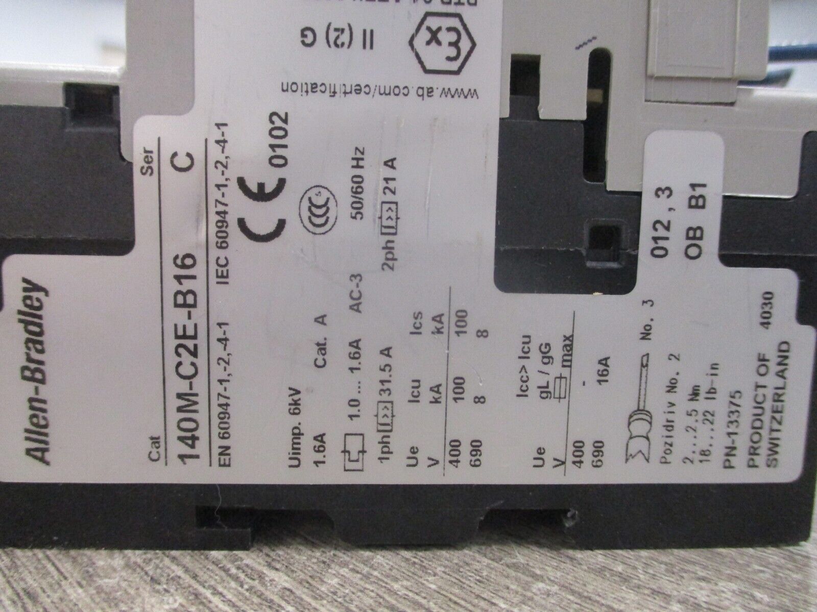 Allen-Bradley Manual Motor Protector 140M-C2E-B16 Ser. C Trip: 1.0-1.6A 600V Use