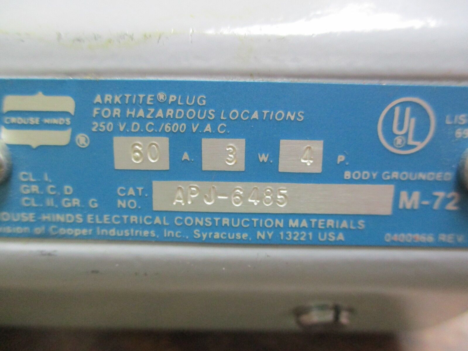 Crouse-Hinds Arktite Plug APJ 6485 M72 60A 600V 3W 4P *Missing Bushing* Used