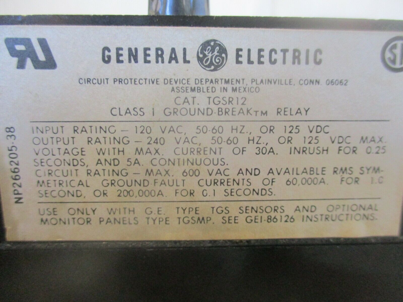 GE Solid State Ground Breaker Relay TGSR12 Pickup: 100-1200A Delay: 0-1 sec Used