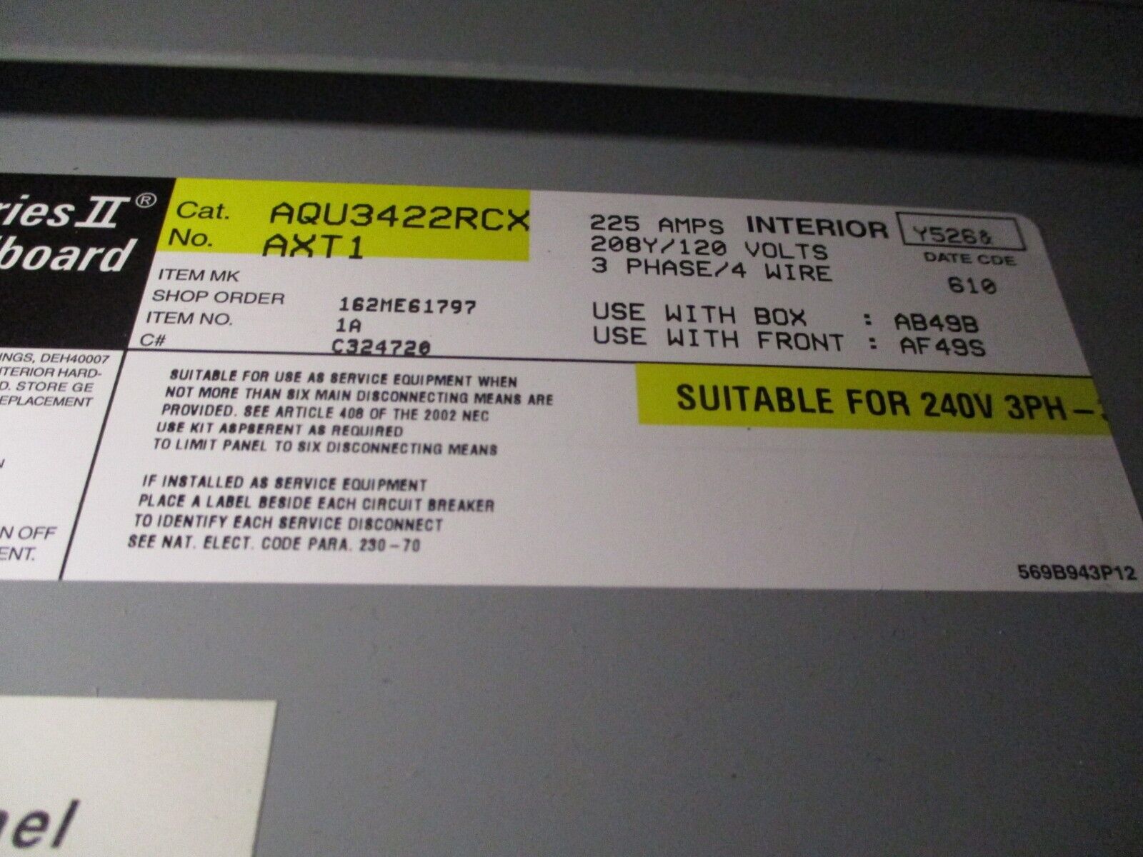 GE Main Lug Breaker Panel AQU3422RCX 225A Max 208Y/120V 3Ph 4W 42-Circuit Used