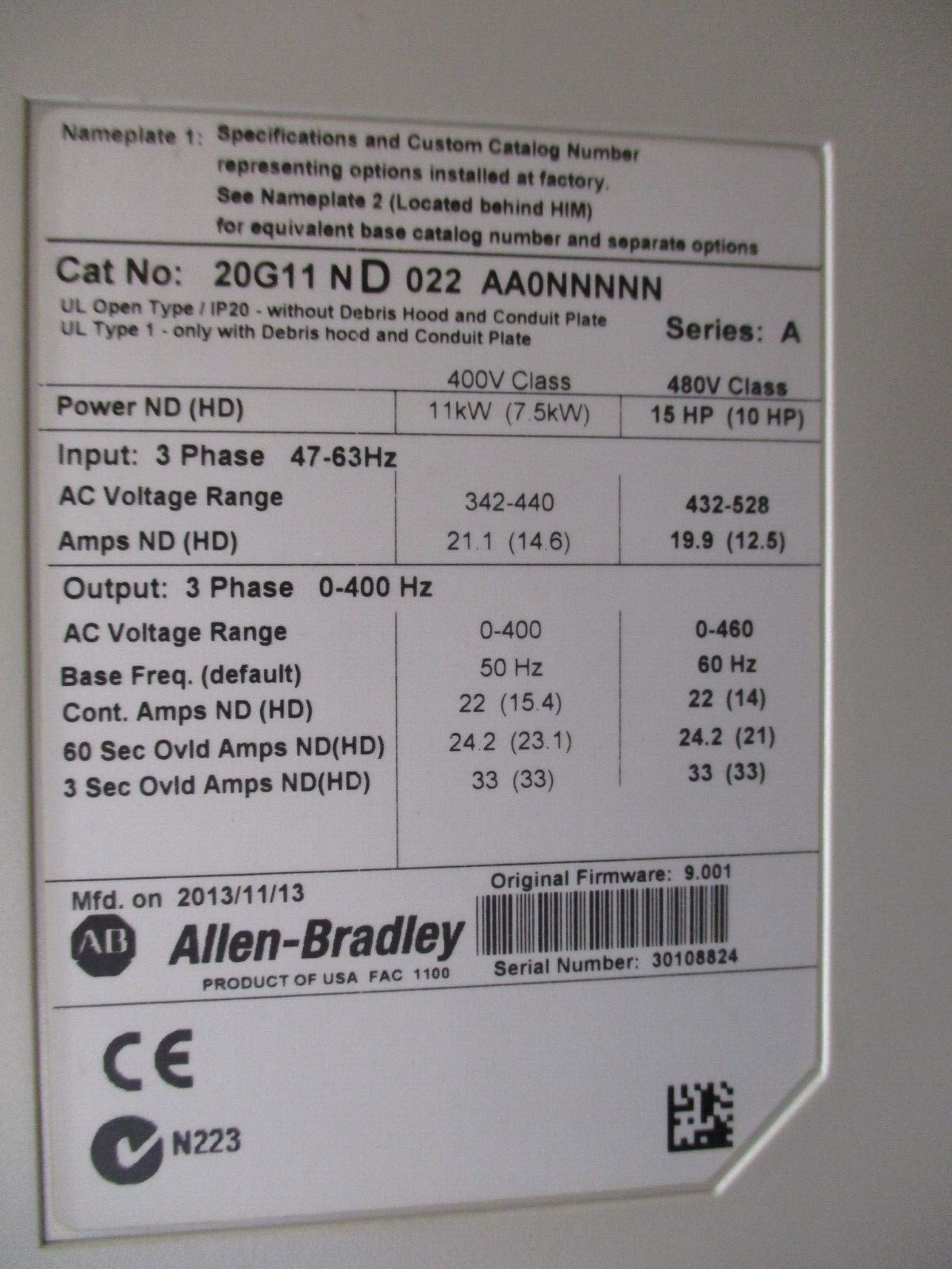 Allen-Bradley PowerFlex 755 AC Drive 20G11ND022AA0NNNNN Ser. A 15HP 3Ph Used