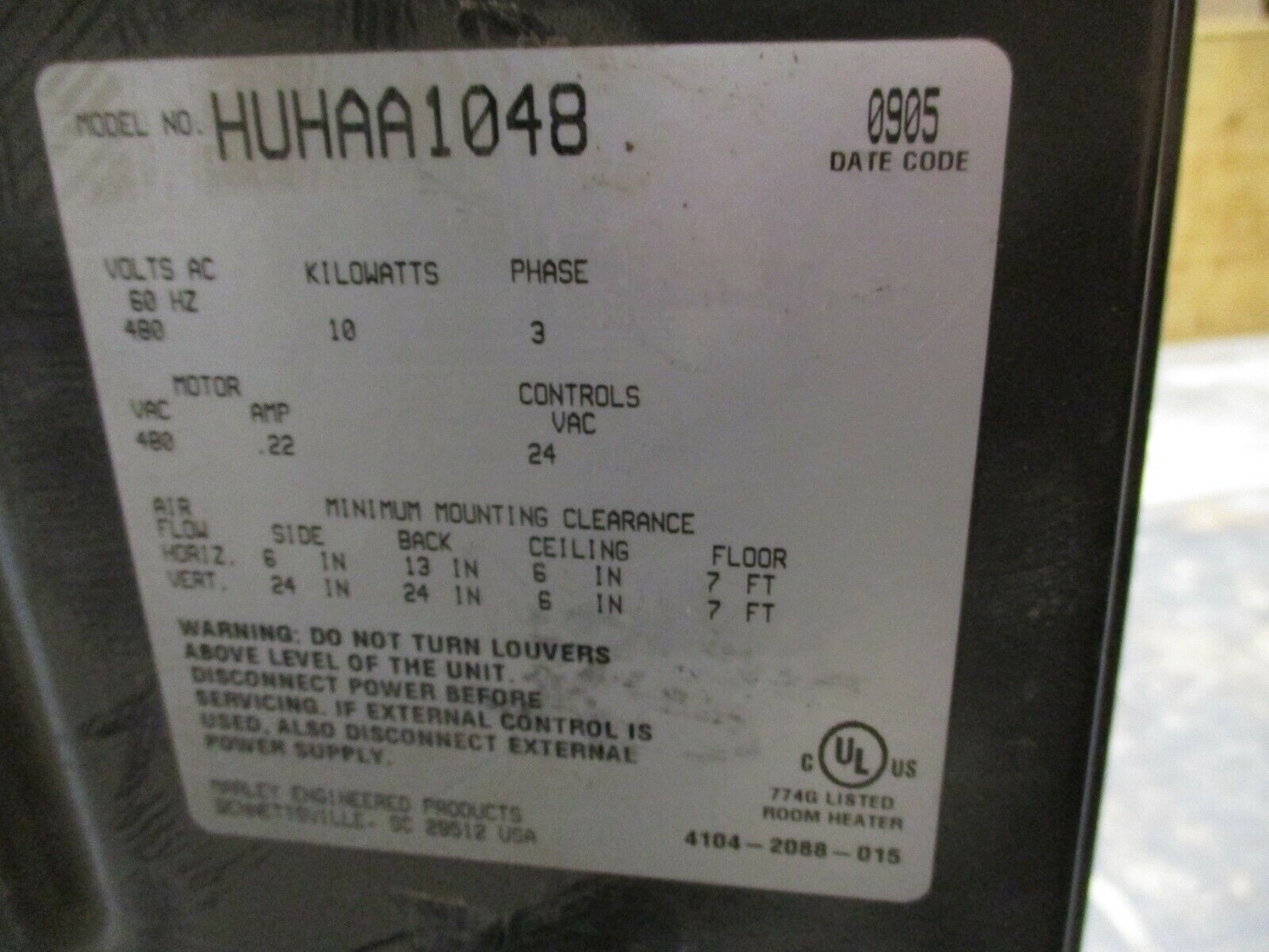 Marley Berko Heater HUHAA1048 10kW 480V 60Hz 3Ph Used