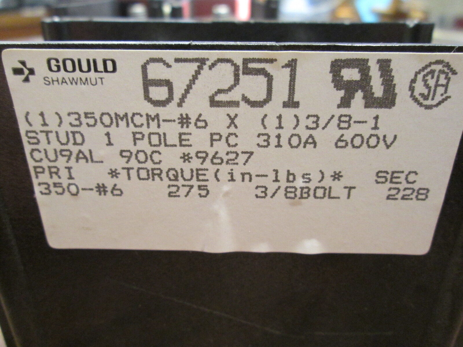 Gould Shawmut Power Distribution Block 67251 1P 310A 600V *Lot of 3* Used