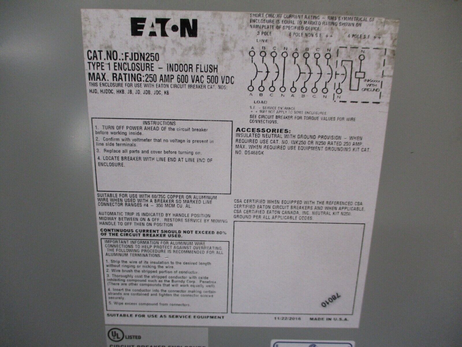 Eaton Enclosed Circuit Breaker HJD3250F 150A Trip 3P 600V FJDN250 Enclosure