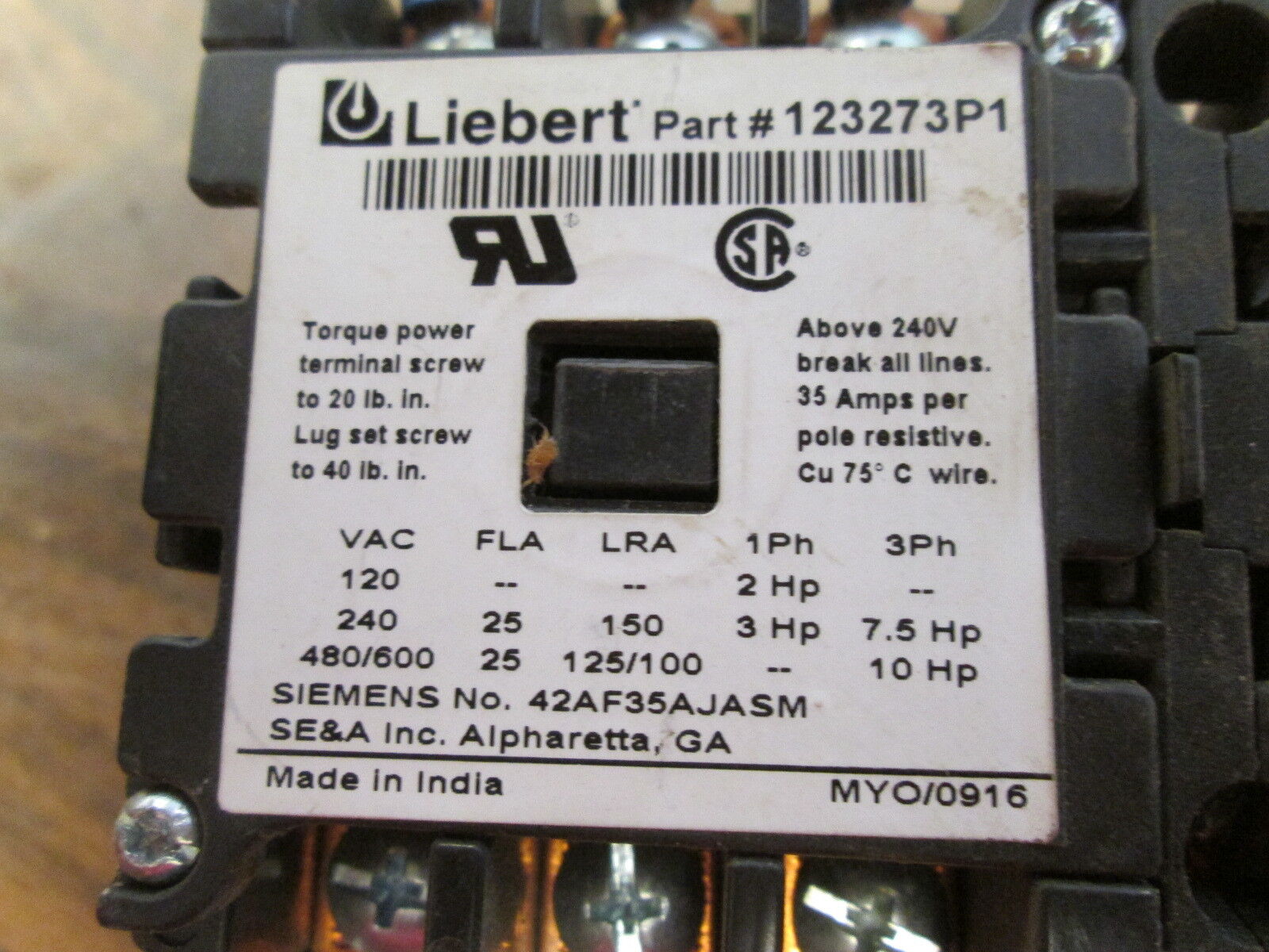 Liebert Contactor 123273P1 24V Coil 25A 600V w/ Aux Contact Used