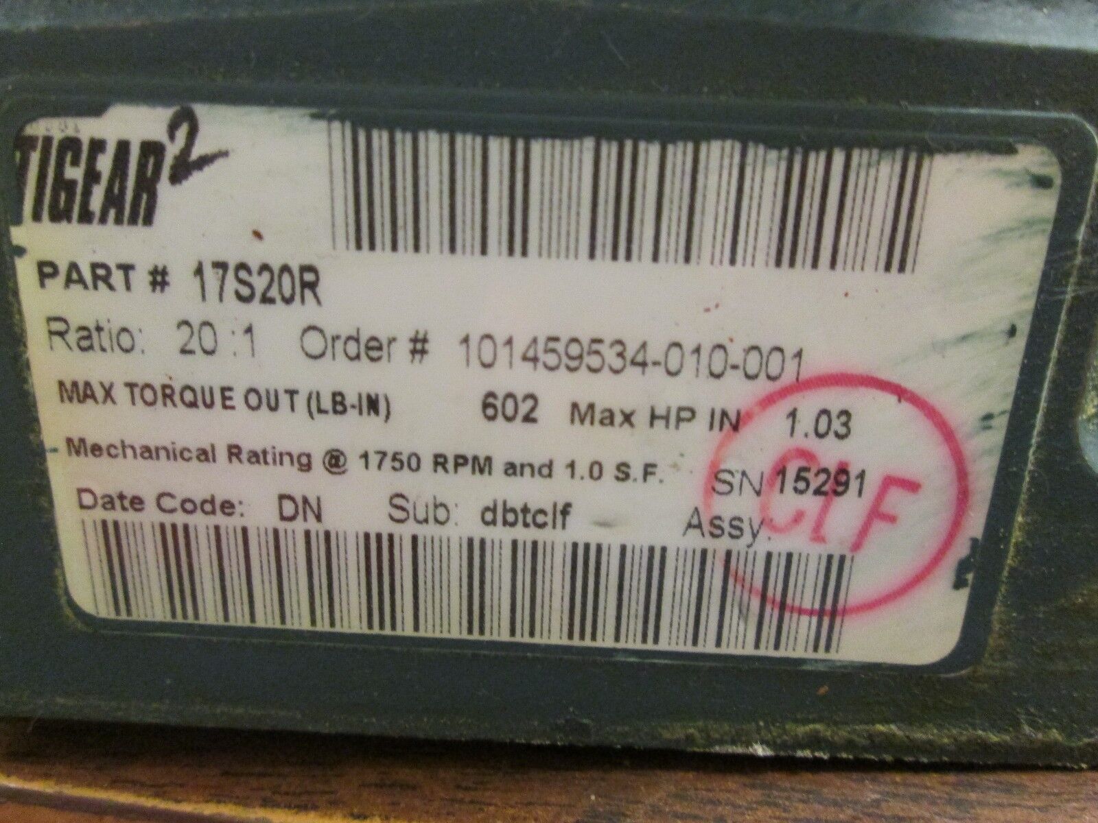 Dodge Tigear 2 Reducer 17S20R Ratio 20:1 1.03 HP-IN 602 LB-IN Torque Out Used