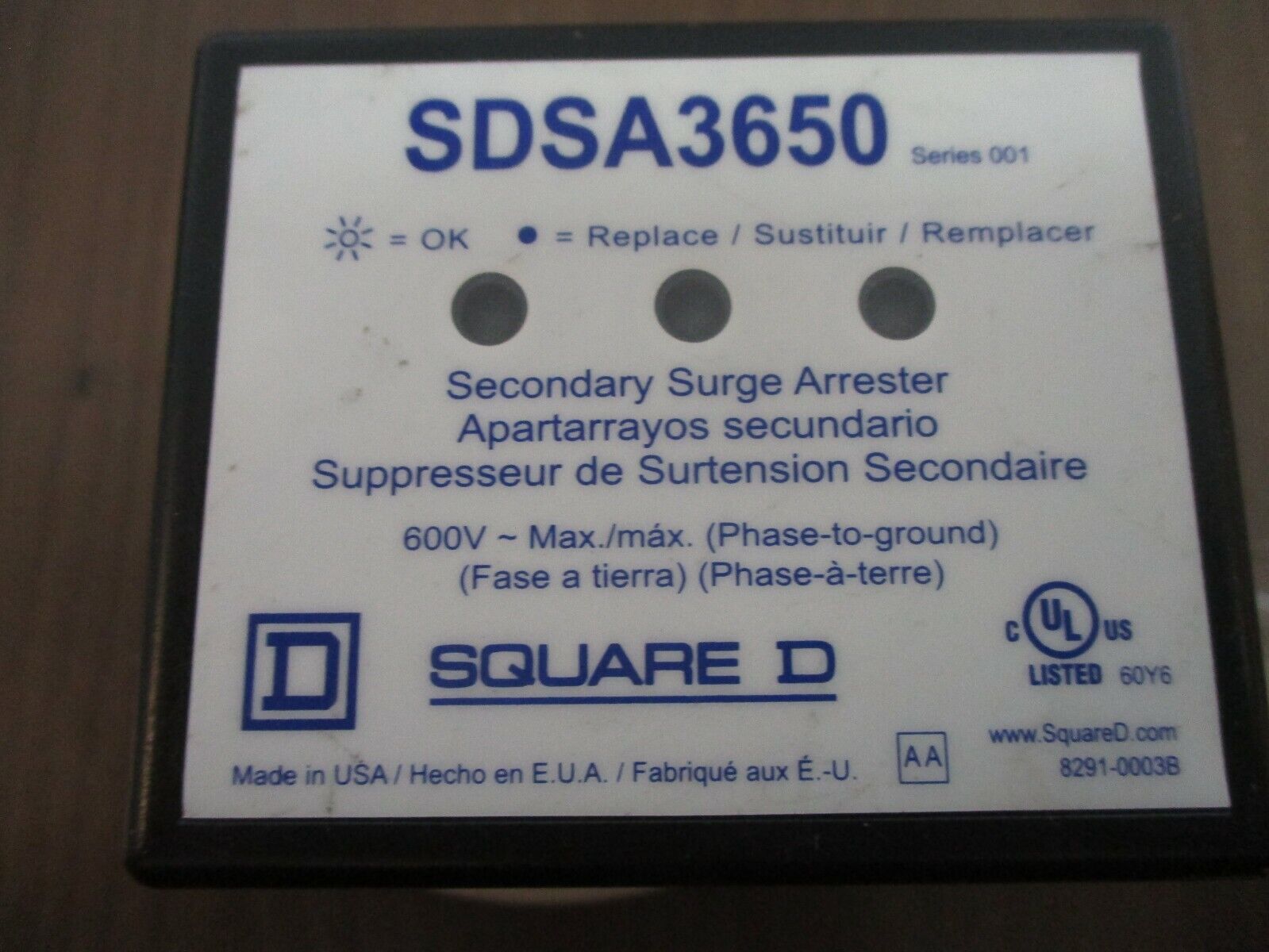 Square D Secondary Surge Arrester SDSA3650 Ser. 001 600V Used