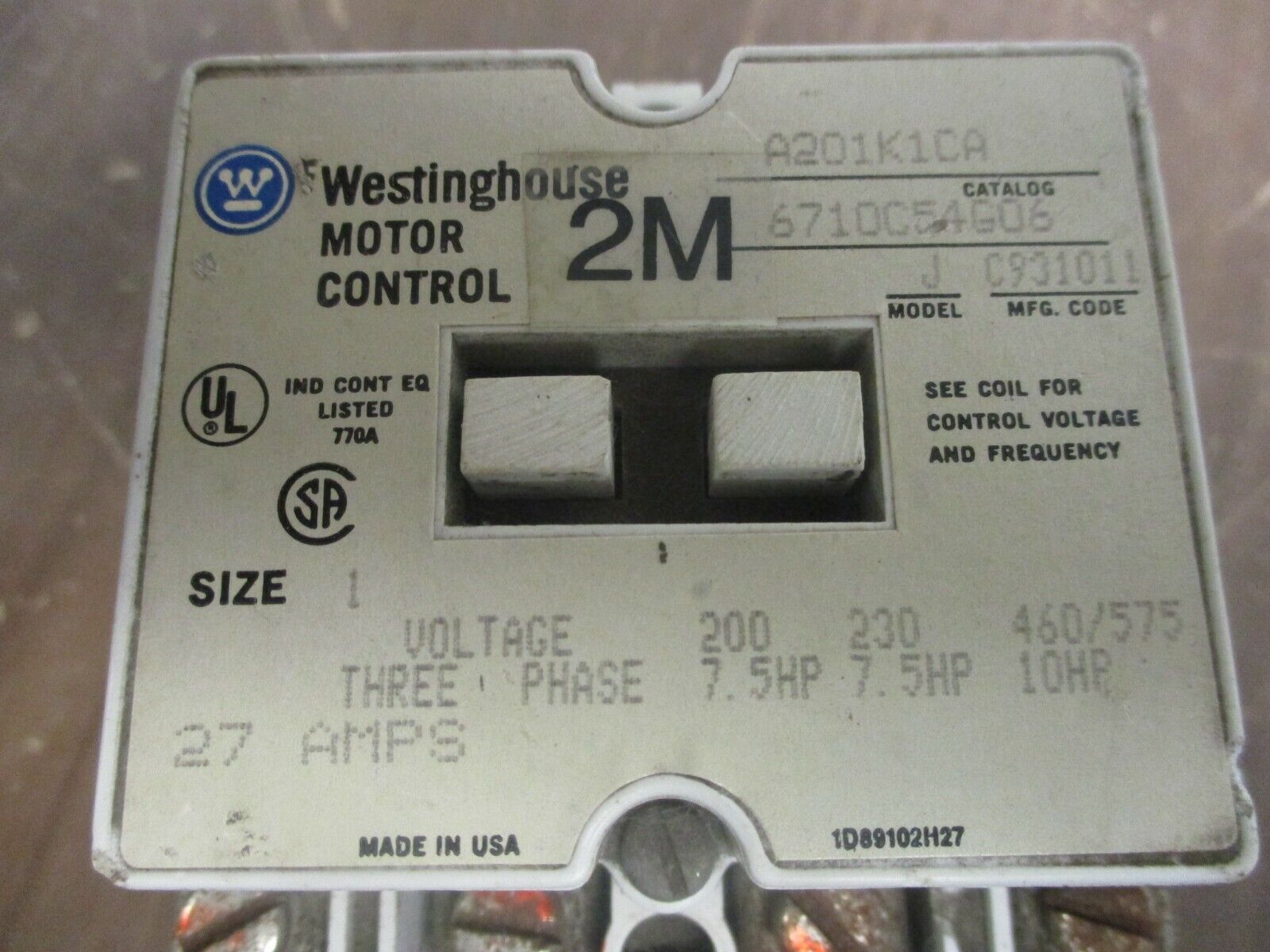 Westinghouse Size 1 Contactor A201K1CA 120V Coil 27A Used