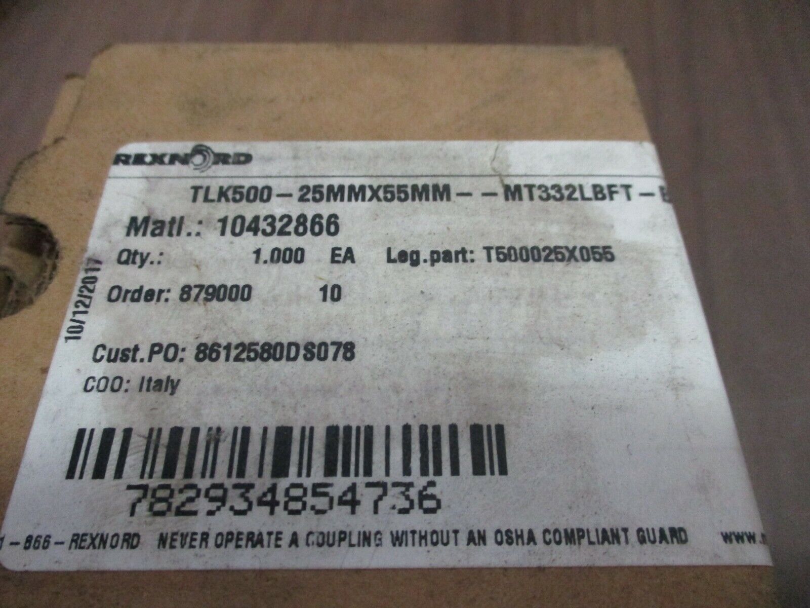 Rexnord Coupling TLK500-25MMX55MM--MT332LBFT-B6X New Surplus