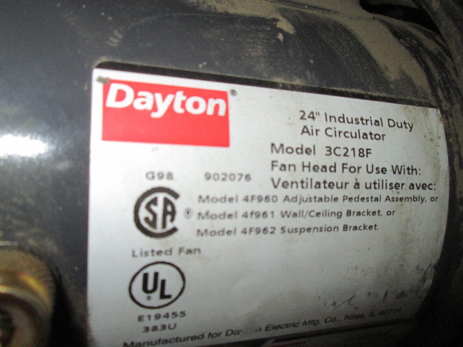 Dayton Exhaust Fan 3C218F 24" Fan 115V 1PH w/ mount LR63596 motor Used