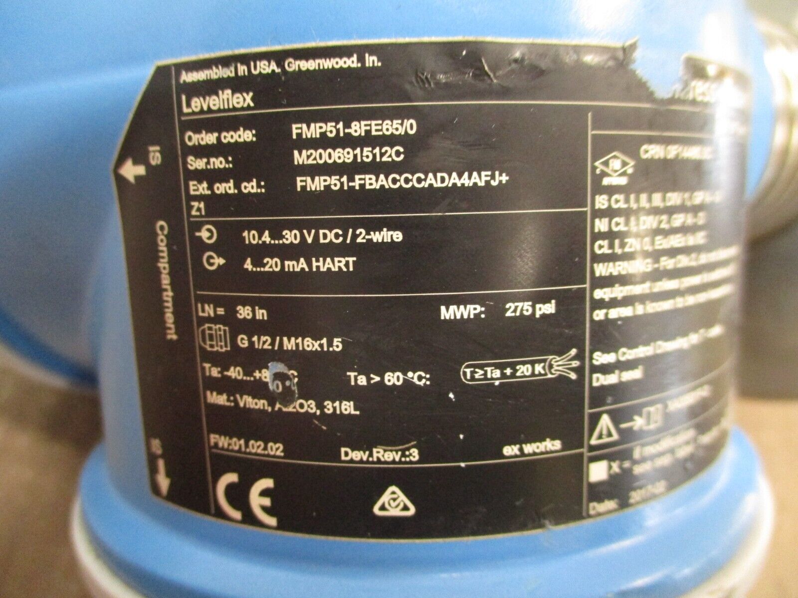 Endress+Hauser LevelFlex Guided Wave Rader Level Transmitter FMP51-8FE85/0 36"