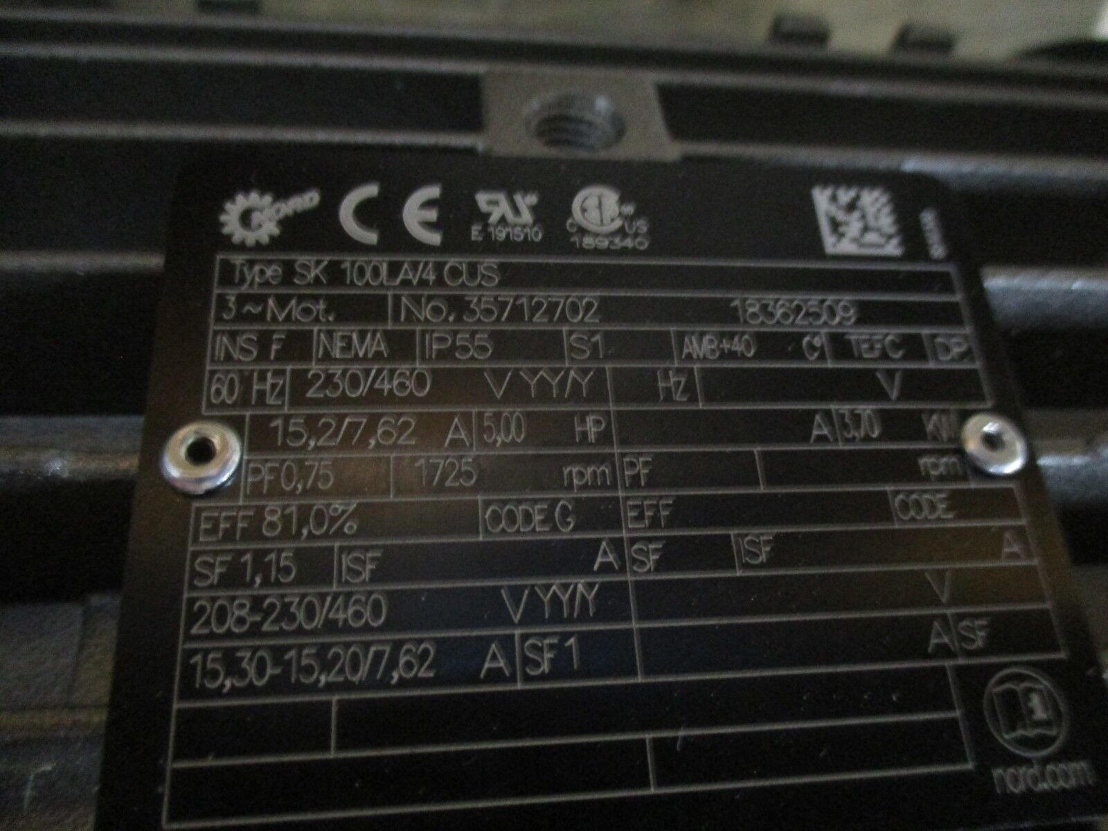 Nord Gearmotor SK 9032.1VZ-100LA/4 CUS Ratio 40.36:1 5HP 43RPM Out New Surplus