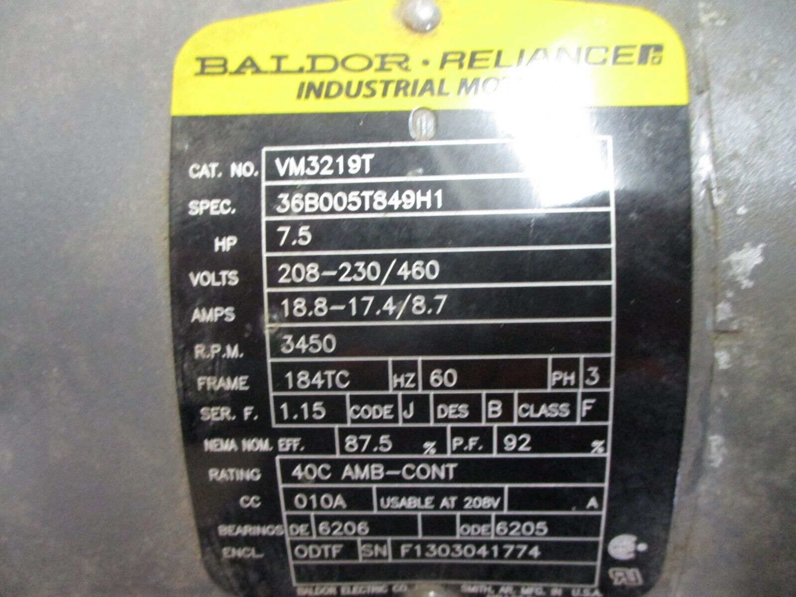 Baldor Motor VM3219T 7.5HP 3600RPM 208-230/460V 18.8-17.4/8.7A 3Ph 60Hz Used